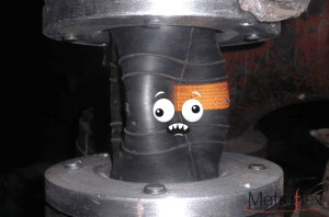 This poor spherical joint was subjected to a vacuum and over-extended itself. In building systems, expansion joints can be exposed to unintentional vacuum conditions when a riser is drained and not vented, or if a pump inlet pressure is below atmospheric pressure. Always check those operating conditions, then follow the manufacturer’s directions for installing your joints for the conditions!
